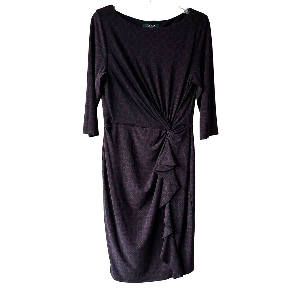 Ralph Lauren Knit Dress Wrap Geometric Pattern 3/4 Sleeve Black Red 10 Classic
